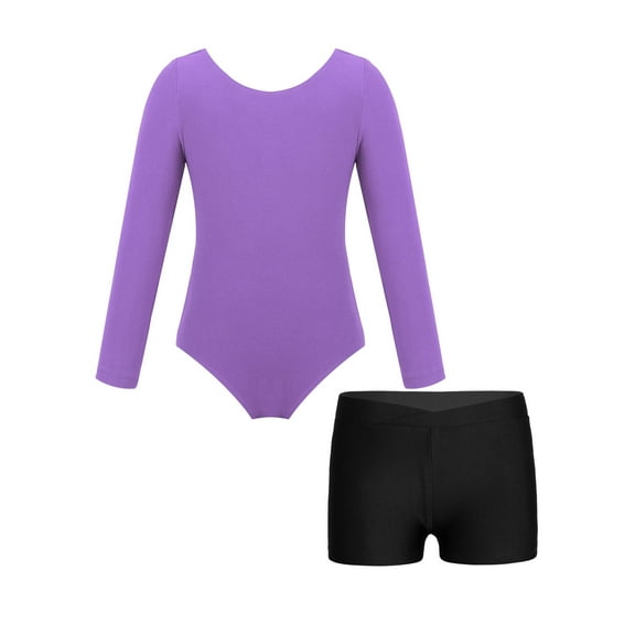 Hansber Kids Girls Ballet Leotard Long Sleeve Dance Bodysuit with Yoga Shorts Athletic Booty Shorts Lavender&Black 3