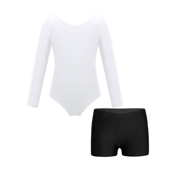 Hansber Kids Girls Ballet Leotard Long Sleeve Dance Bodysuit with Yoga Shorts Athletic Booty Shorts White&Black 4