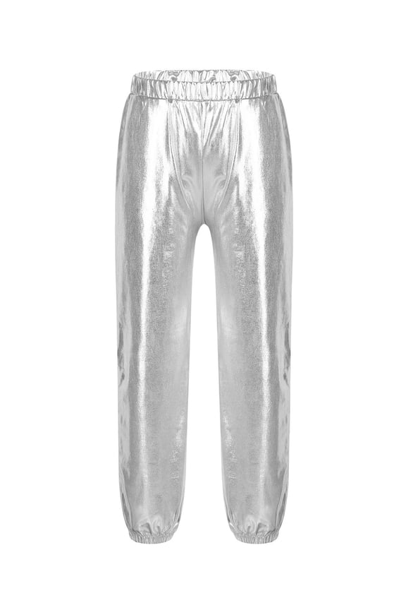 Kids Girls Boys Metallic Shiny Dance Pants for Hip Hop Street Dancing Sweatpants Dancewear A Silver 10
