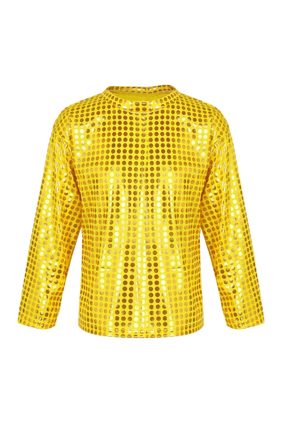 Kids Girls Boys Shiny Long Sleeve Ballet Jazz Hip Hop Dance Top Tee Shirt Disco Club Gold 130