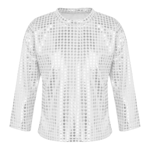Hansber Kids Girls Boys Shiny Long Sleeve Ballet Jazz Hip Hop Dance Top Tee Shirt Disco Club Silver 150