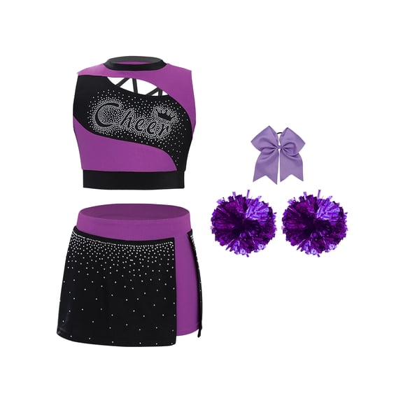 Hansber Kids Girls Cheerleading Dance Outfits 4 Piece Sleeveless Tank Top with Skirt Cheer Uniform Dress Suit Purple 10