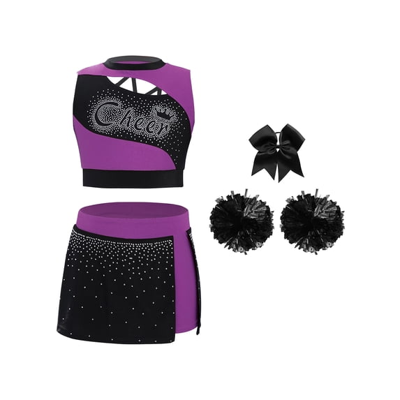 Hansber Kids Girls Cheerleading Dance Outfits 4 Piece Sleeveless Tank Top with Skirt Cheer Uniform Dress Suit Purple Black 16