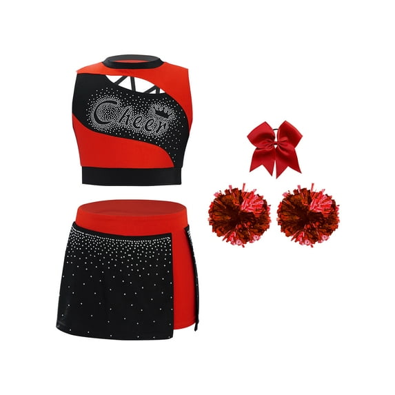 Hansber Kids Girls Cheerleading Dance Outfits 4 Piece Sleeveless Tank Top with Skirt Cheer Uniform Dress Suit Red 16