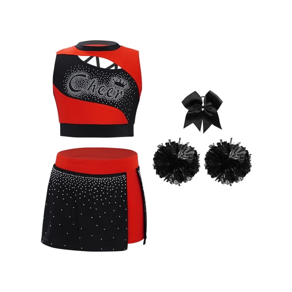 Hansber Kids Girls Cheerleading Dance Outfits 4 Piece Sleeveless Tank Top with Skirt Cheer Uniform Dress Suit Red Black 6