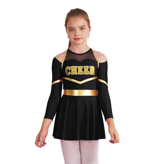 Hansber Kids Girls Cheerleading Dress Cold Shoulder Long Sleeve Glittery Cheer Leader Dance Outfit Black 12