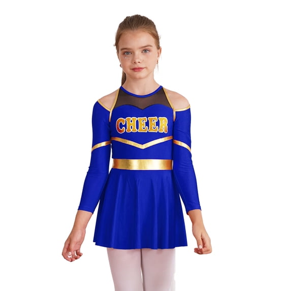 Hansber Kids Girls Cheerleading Dress Cold Shoulder Long Sleeve Glittery Cheer Leader Dance Outfit Royal Blue 6