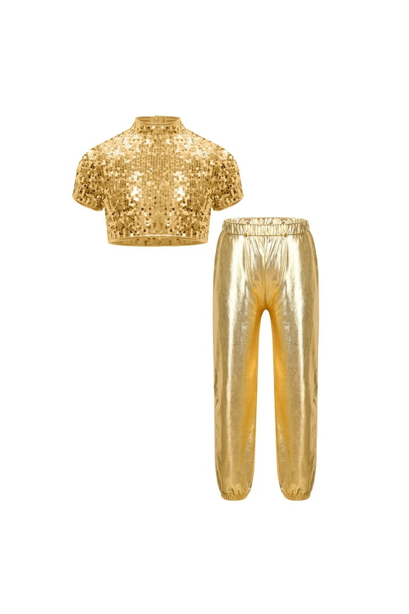 Kids Girls Cheerleading Jazz Dance Costume Mock Neck Short Sleeve Sparkly Sequins Crop Top Gold 6