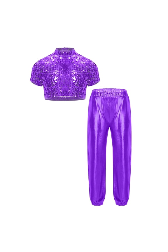 Kids Girls Cheerleading Jazz Dance Costume Mock Neck Short Sleeve Sparkly Sequins Crop Top Purple 16