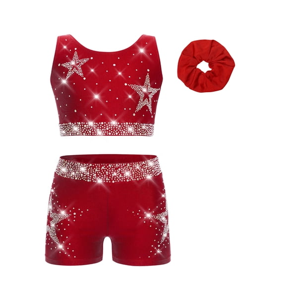 Hansber Kids Girls Cheerleading Outfits 3Pcs Rhinestones Dance Crop Top and Gymnastics Shorts Set with Hair Band Burgundy 16