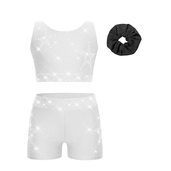 Hansber Kids Girls Cheerleading Outfits 3Pcs Rhinestones Dance Crop Top and Gymnastics Shorts Set with Hair Band White 10
