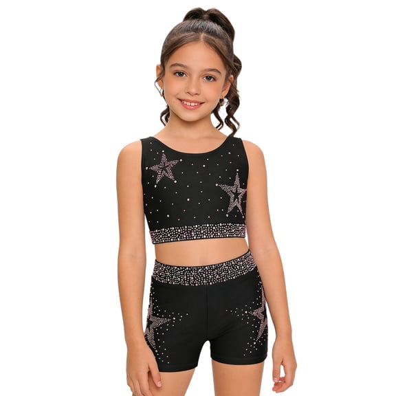 Hansber Kids Girls Cheerleading Outfits Shiny Rhinestones Dance Crop Top and Gymnastics Shorts Set Dancewear Black 6