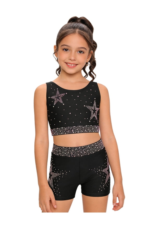 Kids Girls Cheerleading Outfits Shiny Rhinestones Dance Crop Top and Gymnastics Shorts Set Dancewear Black 6
