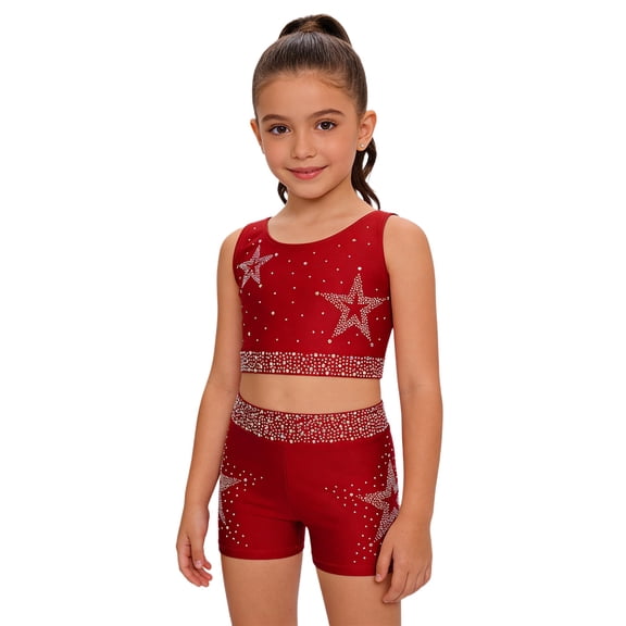 Hansber Kids Girls Cheerleading Outfits Shiny Rhinestones Dance Crop Top and Gymnastics Shorts Set Dancewear Burgundy 12