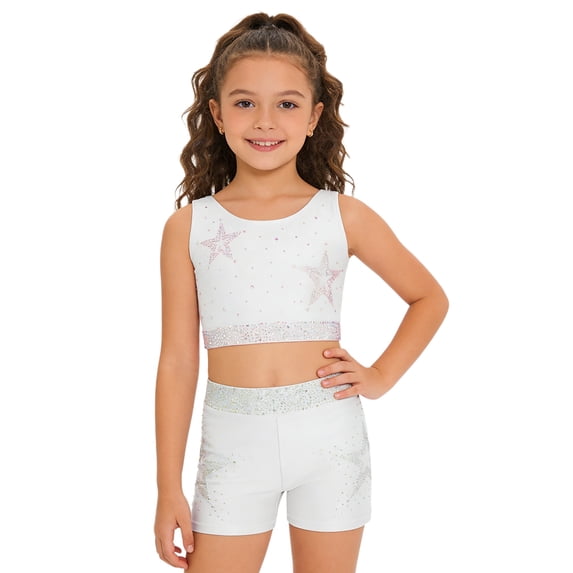 Hansber Kids Girls Cheerleading Outfits Shiny Rhinestones Dance Crop Top and Gymnastics Shorts Set Dancewear White 8