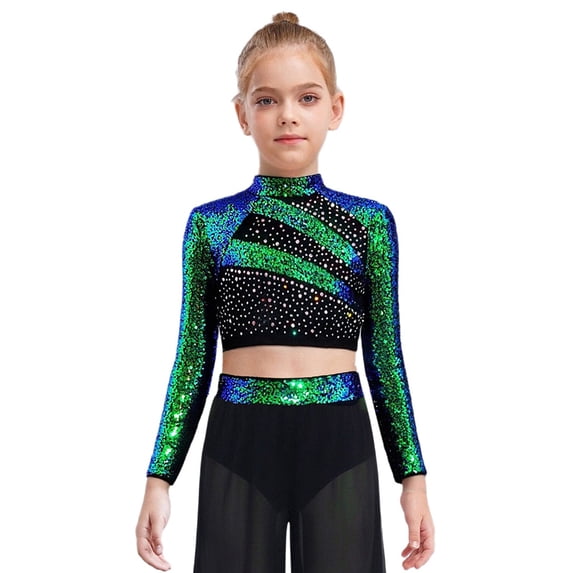Hansber Kids Girls Cheerleading Sequin Rhinestones Crop Top Jazz Hip Hop Dance Shirt for Stage Performance Green 10