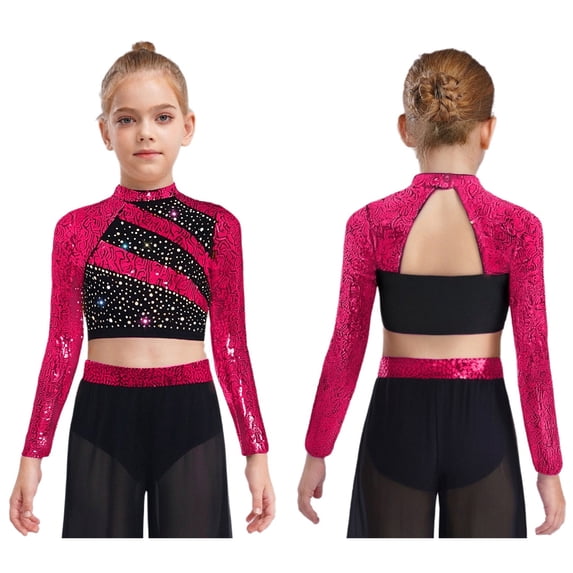 Hansber Kids Girls Cheerleading Sequin Rhinestones Crop Top Jazz Hip Hop Dance Shirt for Stage Performance Hot Pink 16