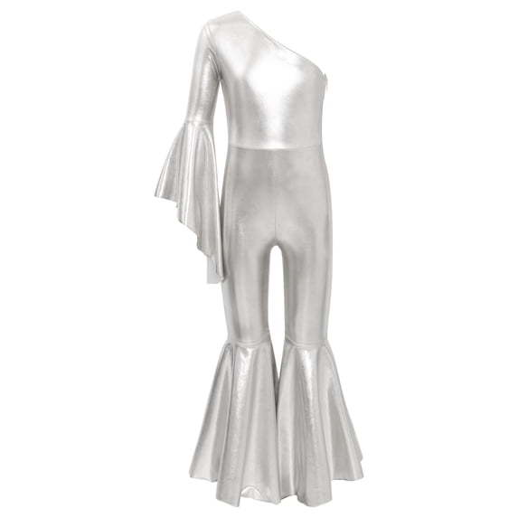 Hansber Kids Girls Christmas Disco Costume One Shoulder Bell-bottom Party Jumpsuit Romper Jazz Hip Silver 16