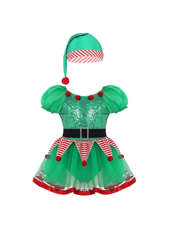 Kids Girls Christmas Elf Cosplay Outfits Short Puff Sleeve Sequin Mesh Tutu Dress with Elf Hat Green 2T