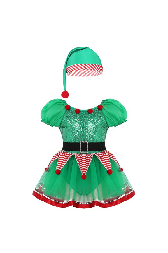 Kids Girls Christmas Elf Cosplay Outfits Short Puff Sleeve Sequin Mesh Tutu Dress with Elf Hat Green 2T