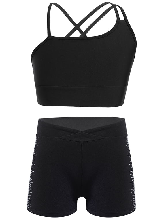 Kids Girls Dance Athletic Outfit Gymnastics Dance Crop Top Bra and Shorts Bottoms Set Gym Wrokout Activewear Black 8