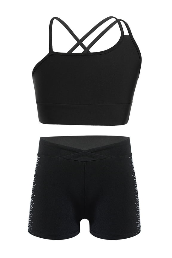 Kids Girls Dance Athletic Outfit Gymnastics Dance Crop Top Bra and Shorts Bottoms Set Gym Wrokout Activewear Black 8