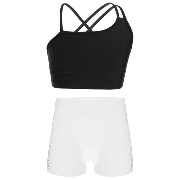 Hansber Kids Girls Dance Athletic Outfit Gymnastics Dance Crop Top Bra and Shorts Bottoms Set Gym Wrokout Activewear Black&White 14