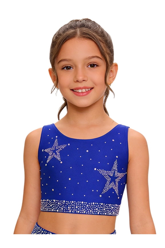 Kids Girls Dance Crop Tops Sleeveless Rhinestone Stars Crisscross Straps Cropped Vest Athletic Shirts Blue 8