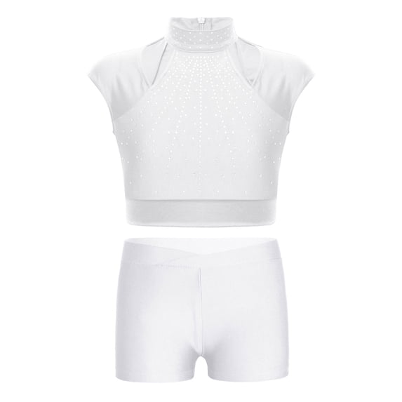Hansber Kids Girls Dance Outfits 2-Piece Sleeveless Rhinestones Cutout Mock Neck Crop Top with Shorts Set White 12