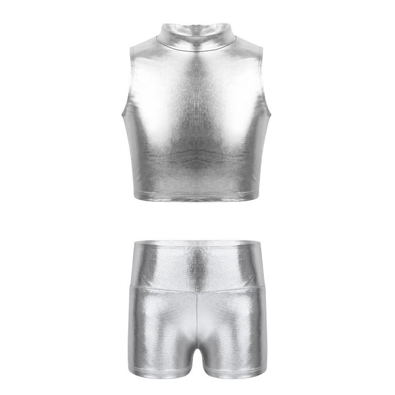 Hansber Kids Girls Dance Outfits Mock Neck Crop Top with Metallic Shorts Set 2 Piece Hip Hop Jazz Silver 10