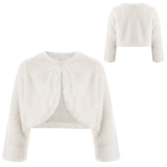 Hansber Kids Girls Faux Fur Wraps Shawl Coat Flower Wedding Bridesmaid Birthday Party Bolero Shrugs Capes White 2-3