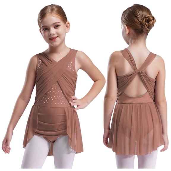 Hansber Kids Girls Figure Ice Skating Dress Latin Jazz Performance Outfits Gymnastics Leotard 6-16 Years Dusty Pink 12