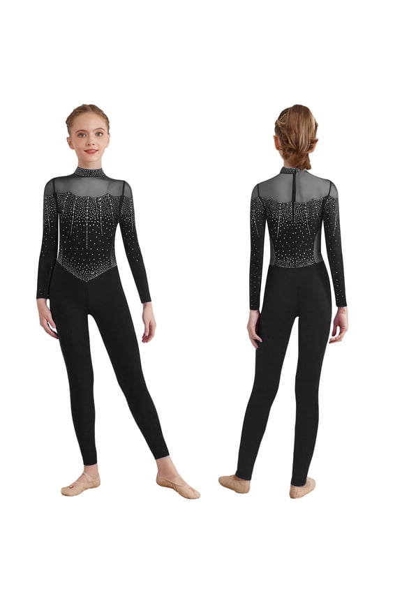 Kids Girls Figure Skating Jumpsuit Long Sleeve Mesh Rhinestone Gymnastics Leotard Full Bodysuit Catsuit Black 12