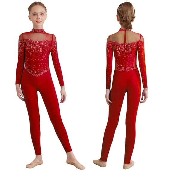 Hansber Kids Girls Figure Skating Jumpsuit Long Sleeve Mesh Rhinestone Gymnastics Leotard Full Bodysuit Catsuit Burgundy 8