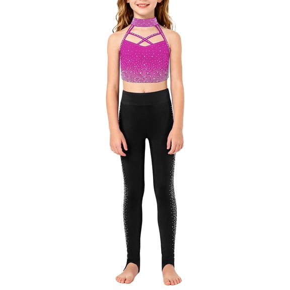 Hansber Kids Girls Figure Skating Rhinestones Outfit Sparkle Gymnastics Dance Crop Tops with Pants Set Hot Pink 6