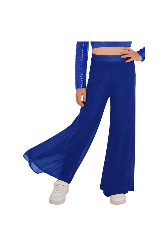 Kids Girls Flowy Mesh Wide Leg Dance Pants for Lyrical Ballet Modern Contemporary Dancewear Blue 16