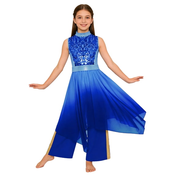 Hansber Kids Girls Gradient Sequins Praise Dance Dress Flowy Wide Leg Pants Gown Liturgical Worship Dancewear Blue 14