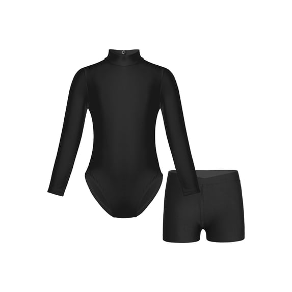 Hansber Kids Girls Gymnastic Ballet Dance Leotard with Shorts Long Sleeve Turtleneck Bodysuit Athletic Jumpsuit Suit Black XL