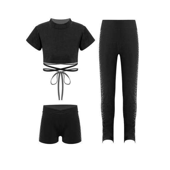 Hansber Kids Girls Gymnastic Hip-Hop Dance Set Short Sleeve Lace-Up Cross Waist Crop Top with Leggings Tights Shorts Set Black 10