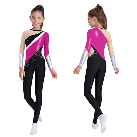 Hansber Kids Girls Gymnastics Leotard Dance Unitard Performance Outfits One Piece Active Bodysuit Hot Pink 14