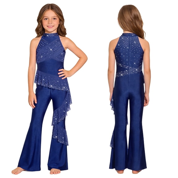 Hansber Kids Girls Gymnastics Leotard Flare Bell Bottom Pants Ruched Mesh Ruffle Lyrical Bodysuit Jazz Dance Jumpsuit Navy Blue 10