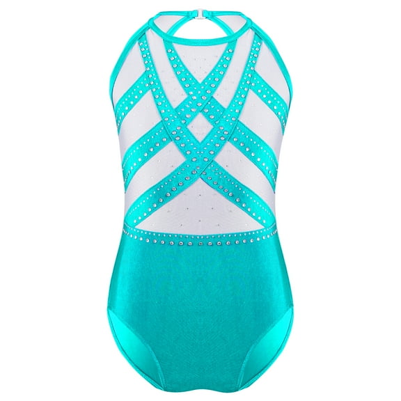 Hansber Kids Girls Gymnastics Leotard Glittery Rhinestones Sleeveless Bodysuit Figure Skating Dance Blue Green 16