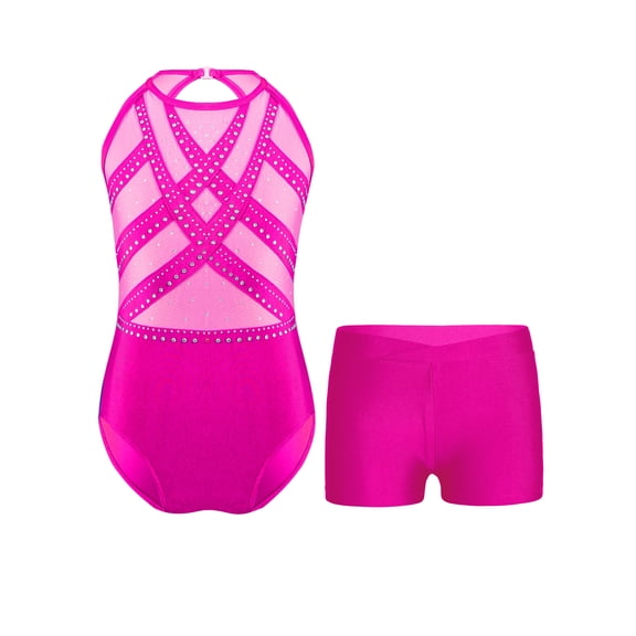 Hansber Kids Girls Gymnastics Outfit Glitter Rhinestones Leotard Ice Skating Bodysuit with Dance Hot Pink 6