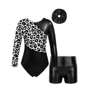 Hansber Kids Girls Gymnastics Outfits Shiny Metallic Leotards with Shorts 3pcs Set Dance Performance Black 4