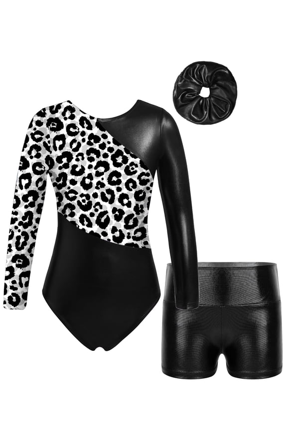 Kids Girls Gymnastics Outfits Shiny Metallic Leotards with Shorts 3pcs Set Dance Performance Black 4