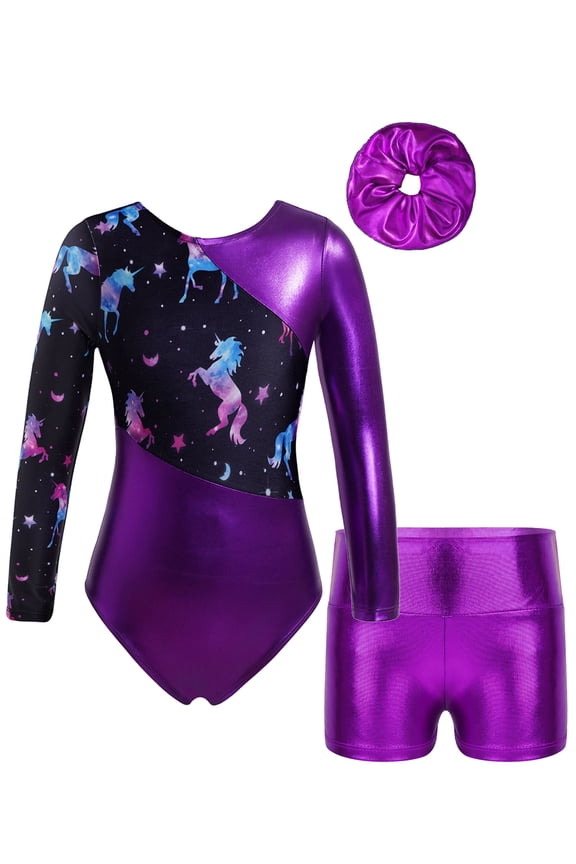 Kids Girls Gymnastics Outfits Shiny Metallic Leotards with Shorts 3pcs Set Dance Performance Purple 12