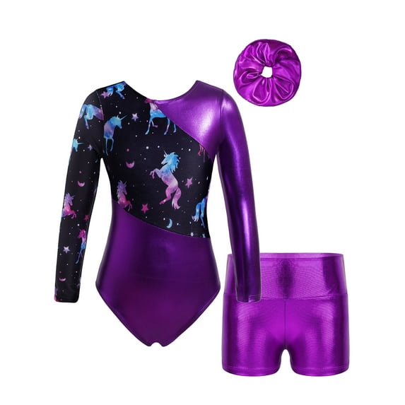 Hansber Kids Girls Gymnastics Outfits Shiny Metallic Leotards with Shorts 3pcs Set Dance Performance Purple 4