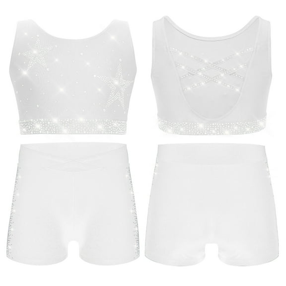 Hansber Kids Girls Gymnastics Outfits Sparkle Star Rhinestones Crop Top with Dance Shorts Set Activewear White 8