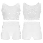 Hansber Kids Girls Gymnastics Outfits Sparkle Star Rhinestones Crop Top with Dance Shorts Set Activewear White 8
