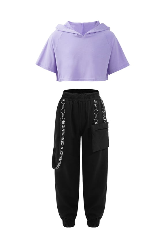 Kids Girls Hip Hop Clothes Crop Top with Harem Pants Set 2 Piece Workout Outfits Jazz Street Lavender 6